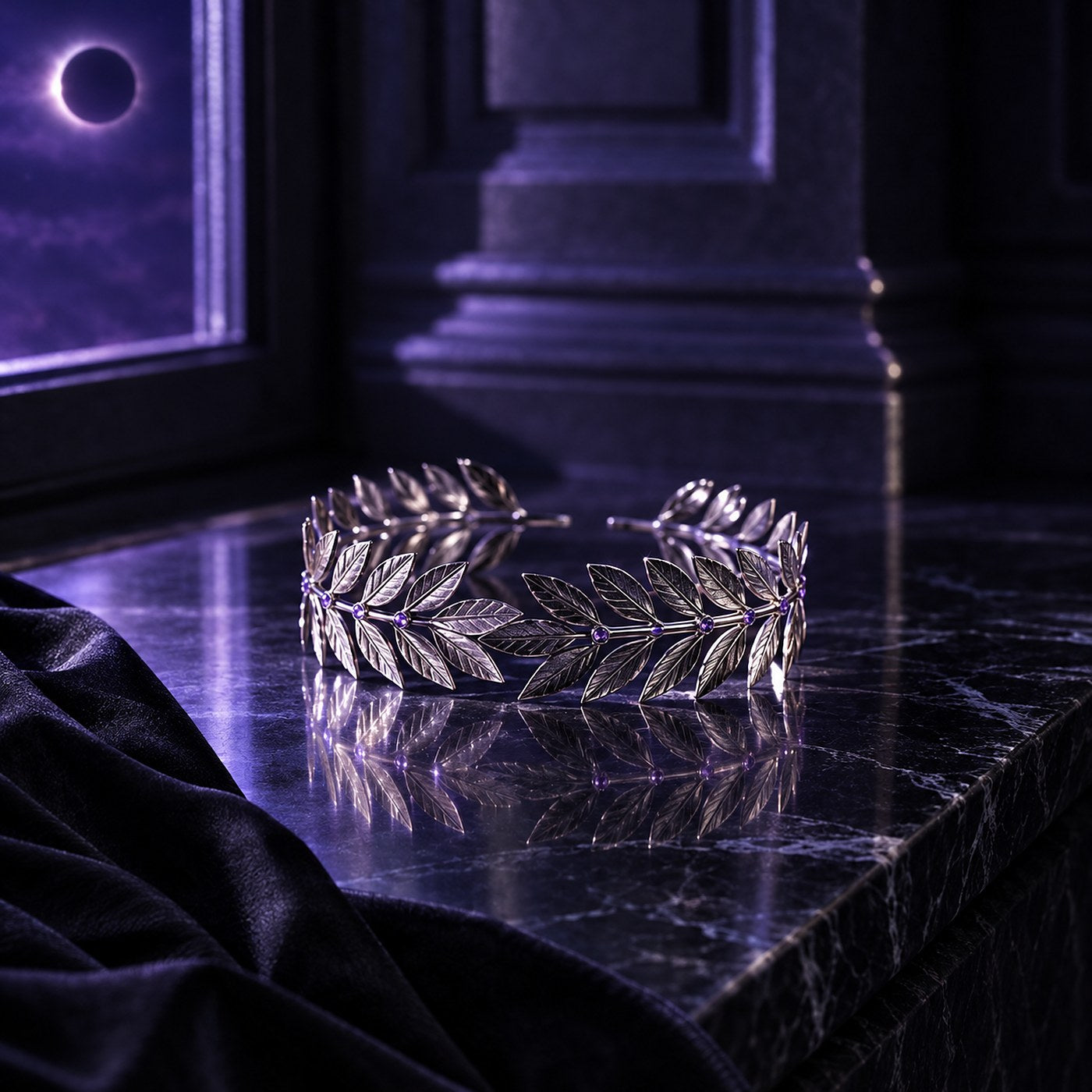 Silver laurel band resting on a black marble sill