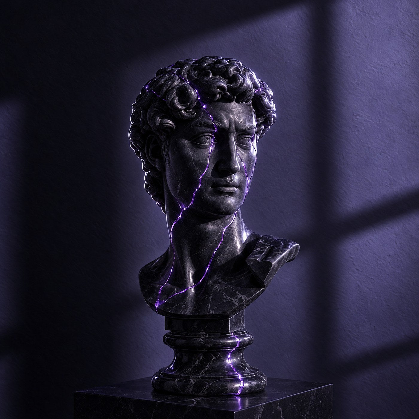 Black marble bust repaired with veins of violet light