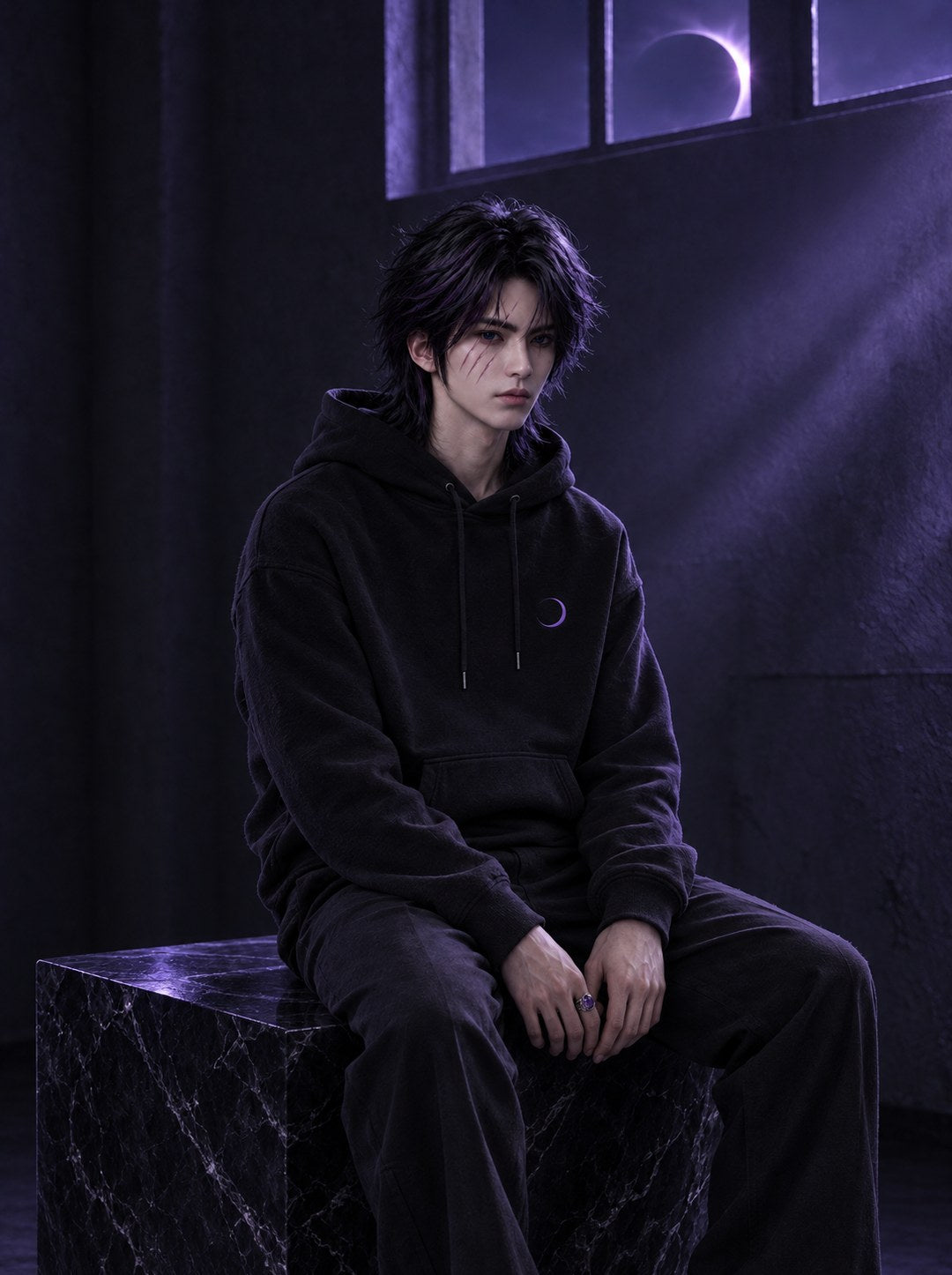 Model in a black hoodie with a violet crescent emblem