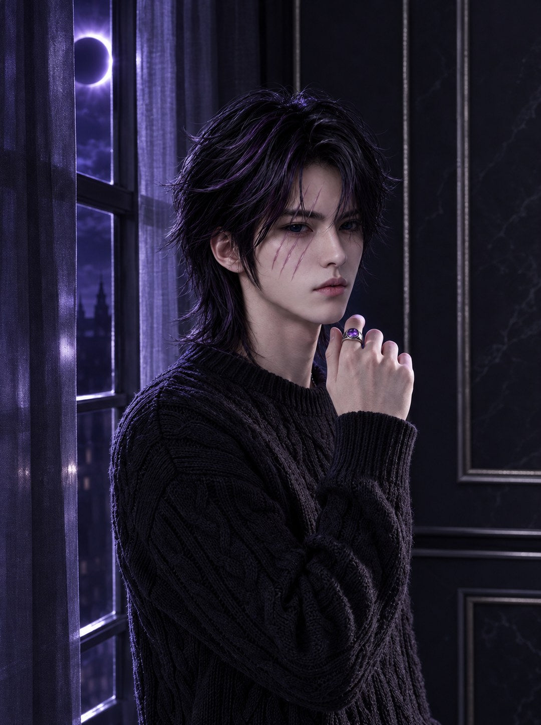 Model in a black cable knit by a tall window at night