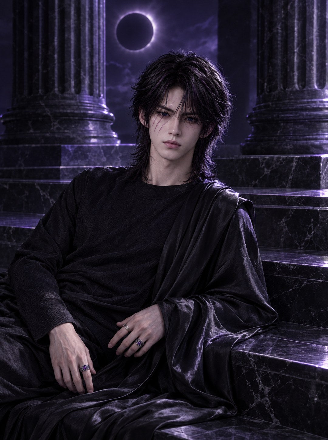 Model reclining in flowing black silk on dark marble steps