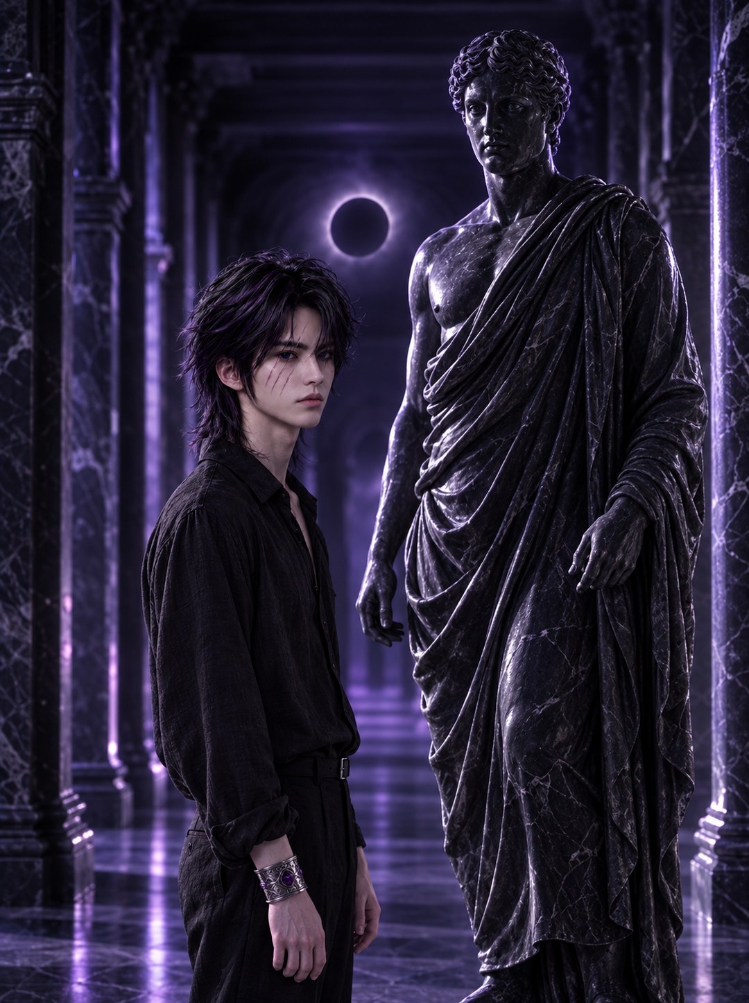 Model beside a draped black marble statue in a colonnade