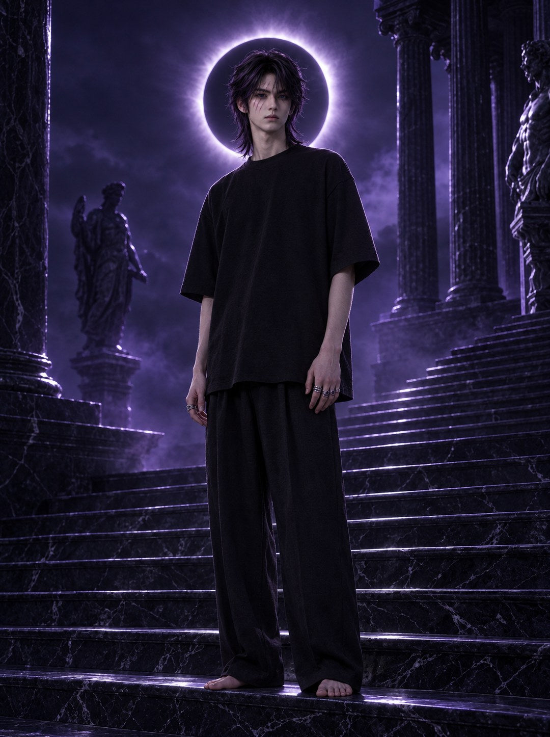 Model in black on dark temple steps before a total eclipse