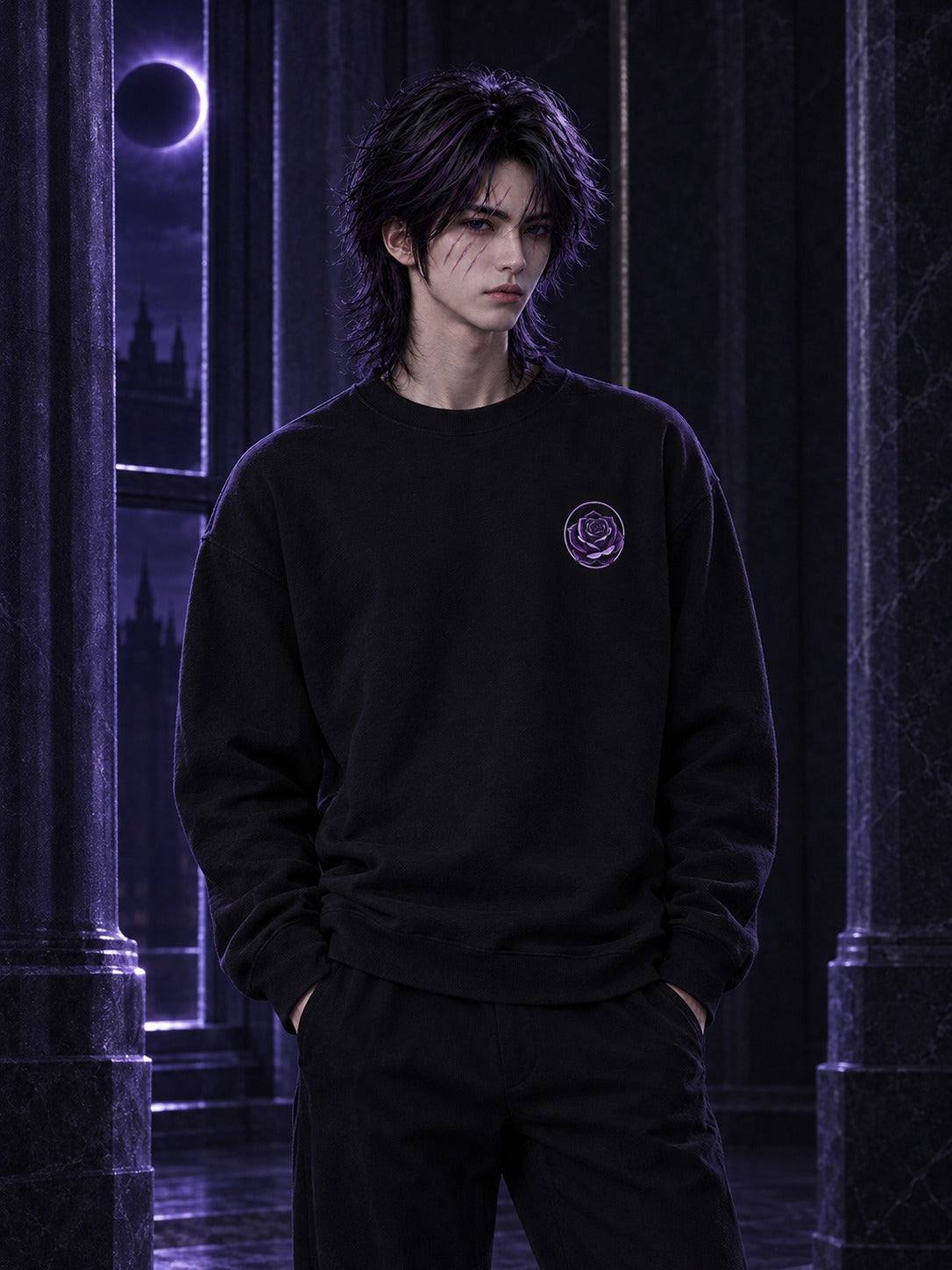 Hades wearing the ECLIPSEUS Eclipse Rose Crewneck