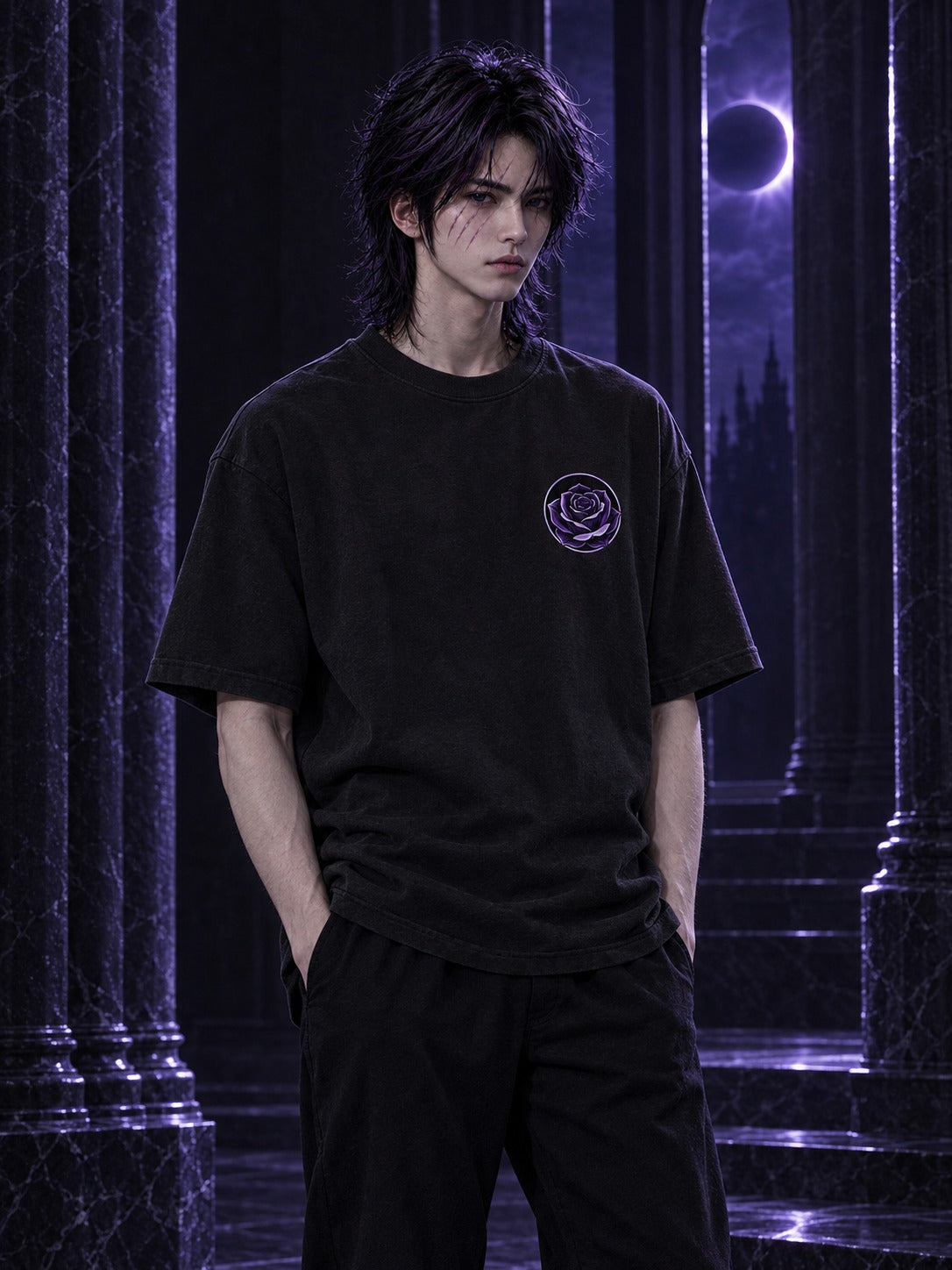 Hades wearing the ECLIPSEUS Eclipse Rose Heavyweight Tee