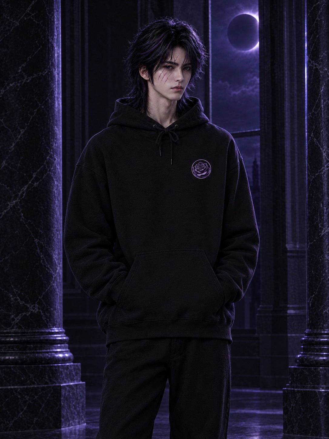 Hades wearing the ECLIPSEUS Eclipse Rose Hoodie