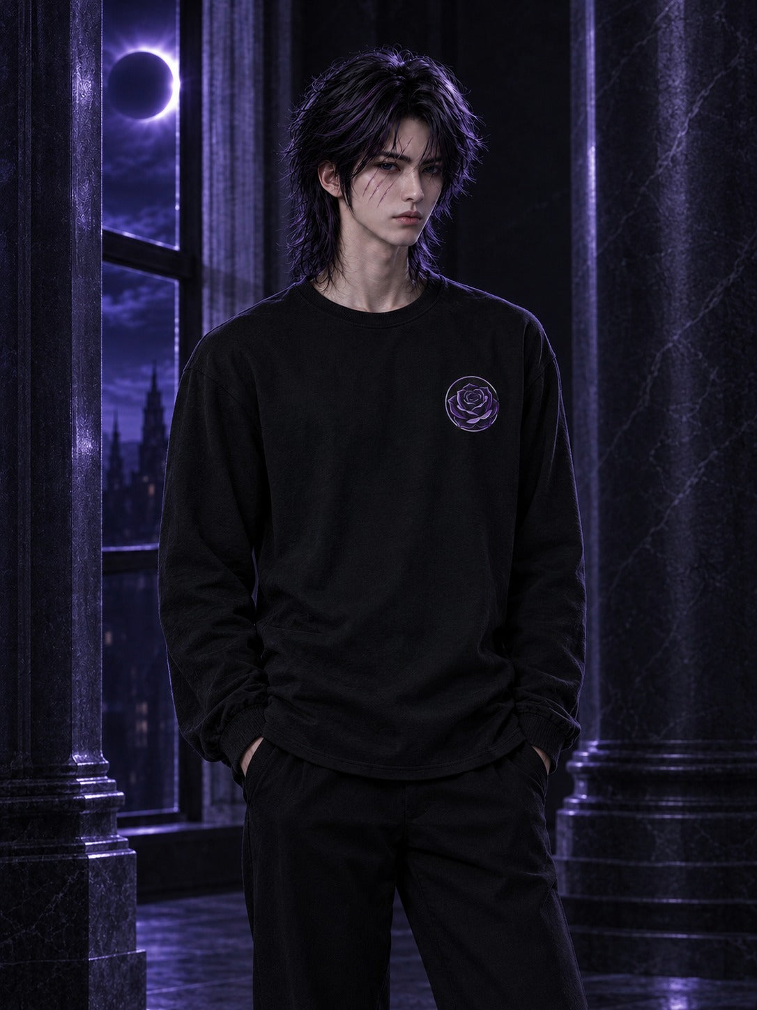 Hades wearing the ECLIPSEUS Eclipse Rose Long Sleeve
