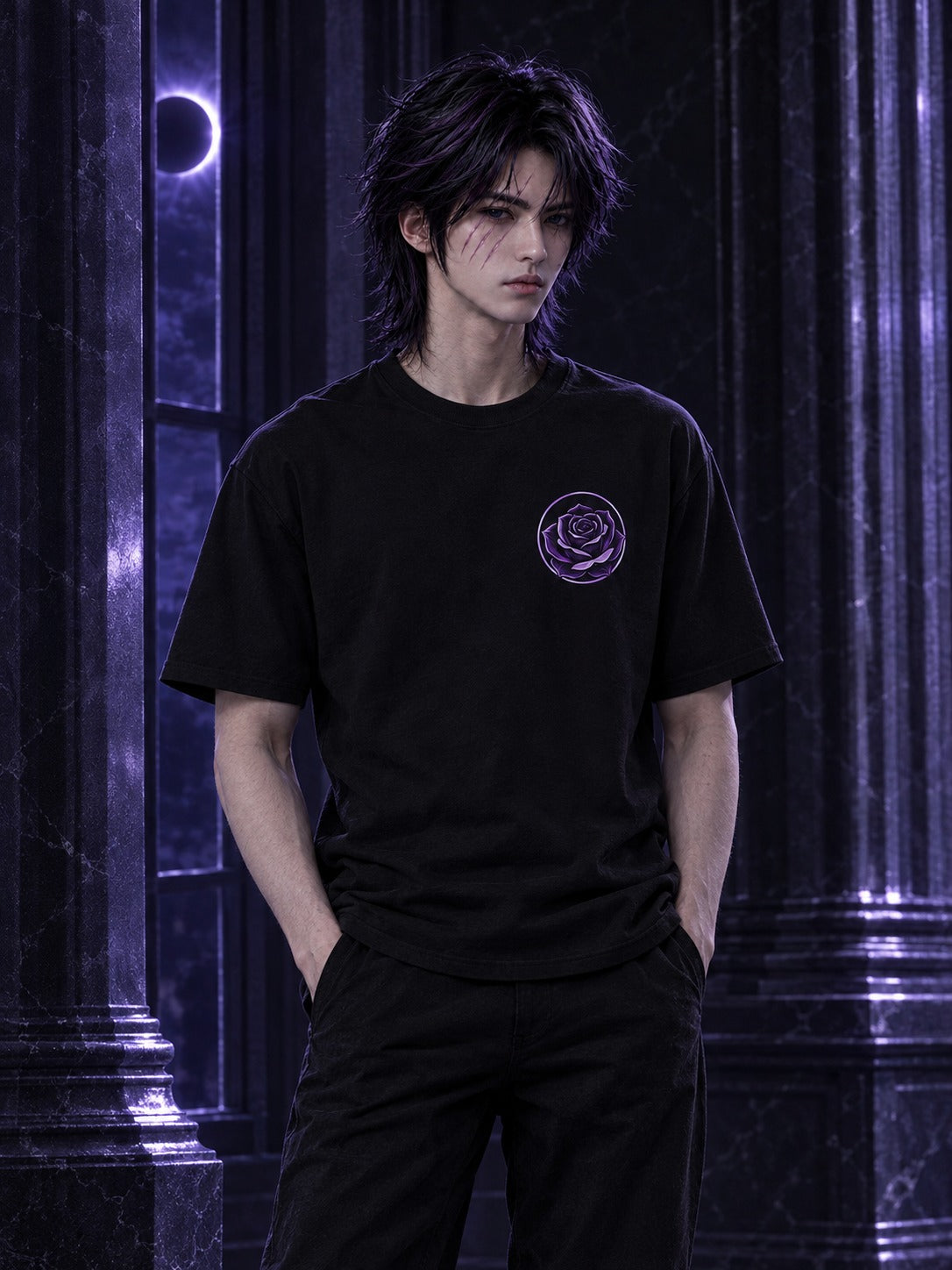 Hades wearing the ECLIPSEUS Eclipse Rose Tee