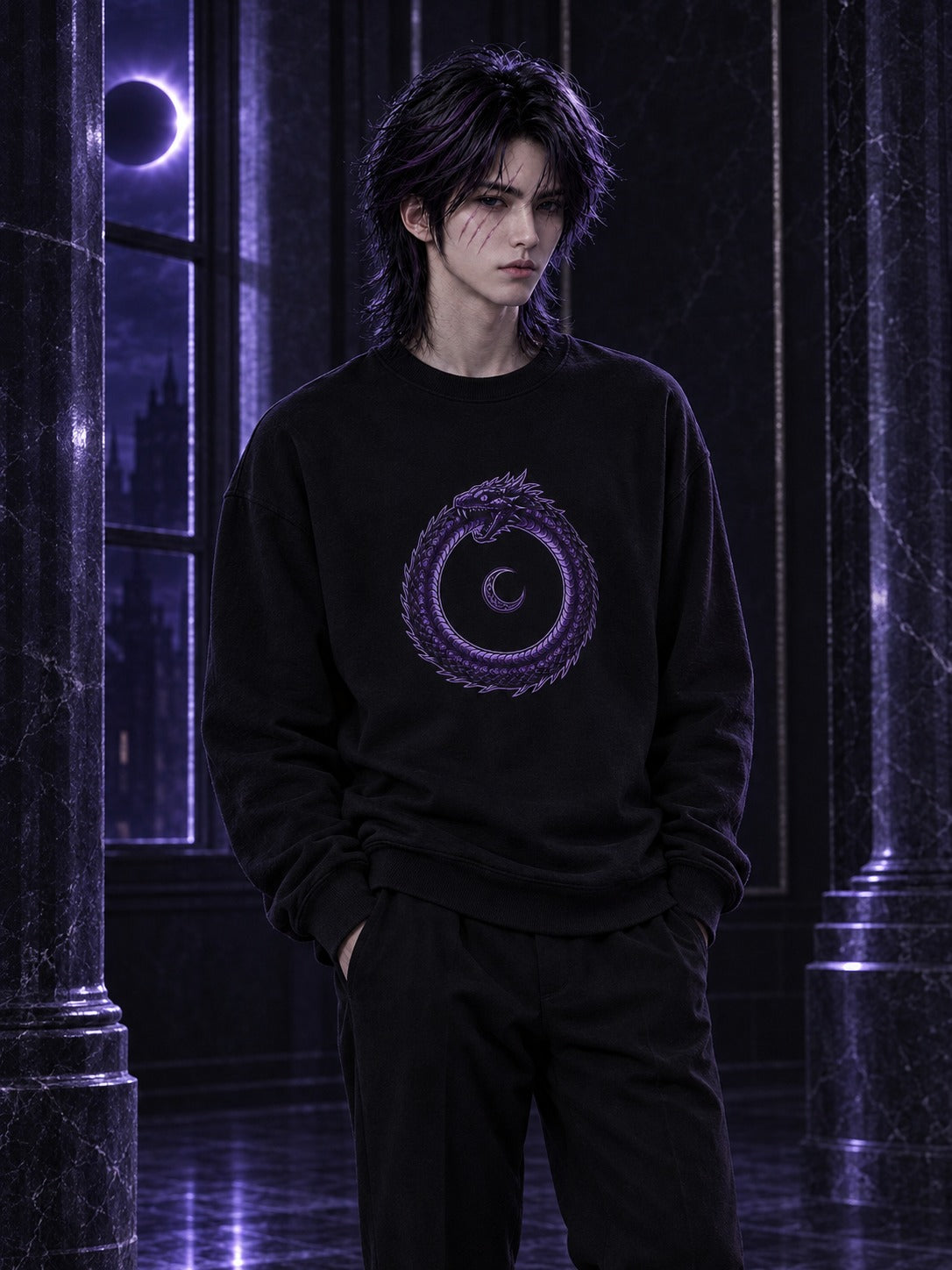 Hades wearing the ECLIPSEUS Ouroboros Crewneck