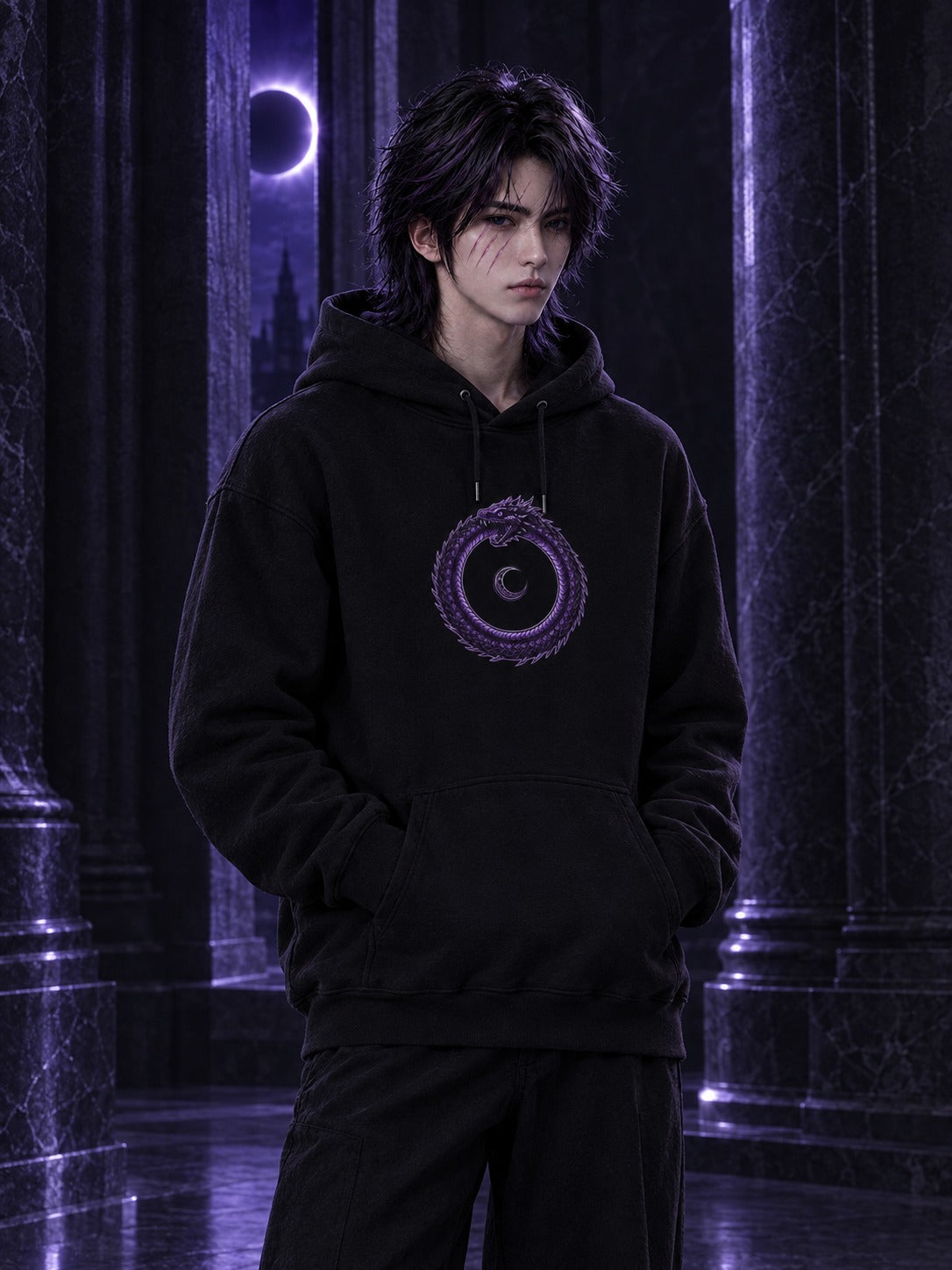 Hades wearing the ECLIPSEUS Ouroboros Hoodie