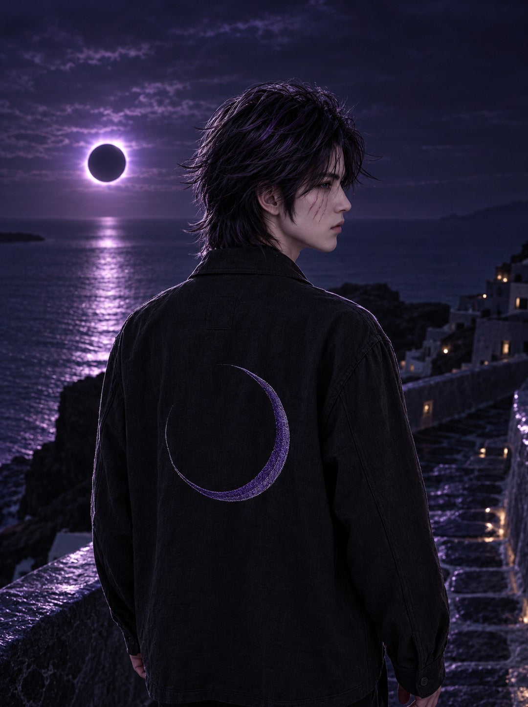 Black overshirt with violet crescent emblem on the back, sea under an eclipse