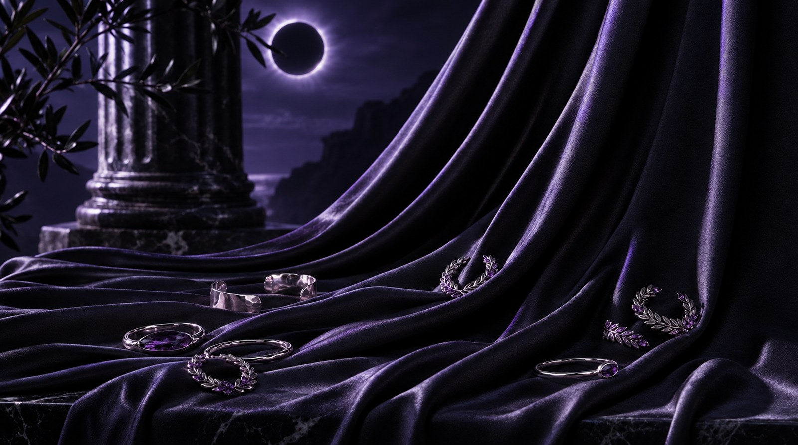 Black silk with violet sheen and silver amethyst rings