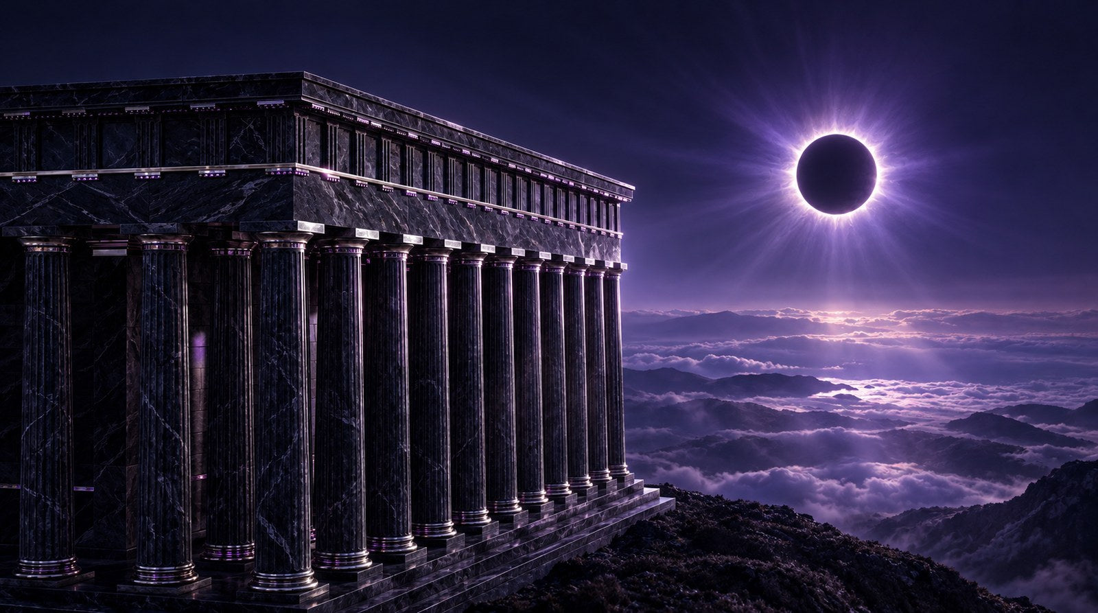 Black marble temple above the clouds under a total solar eclipse