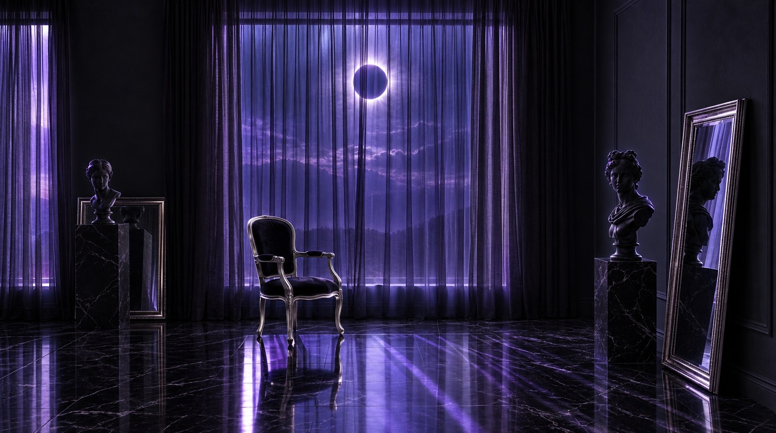 Dark room with smoky violet curtains, velvet chair and silver mirror