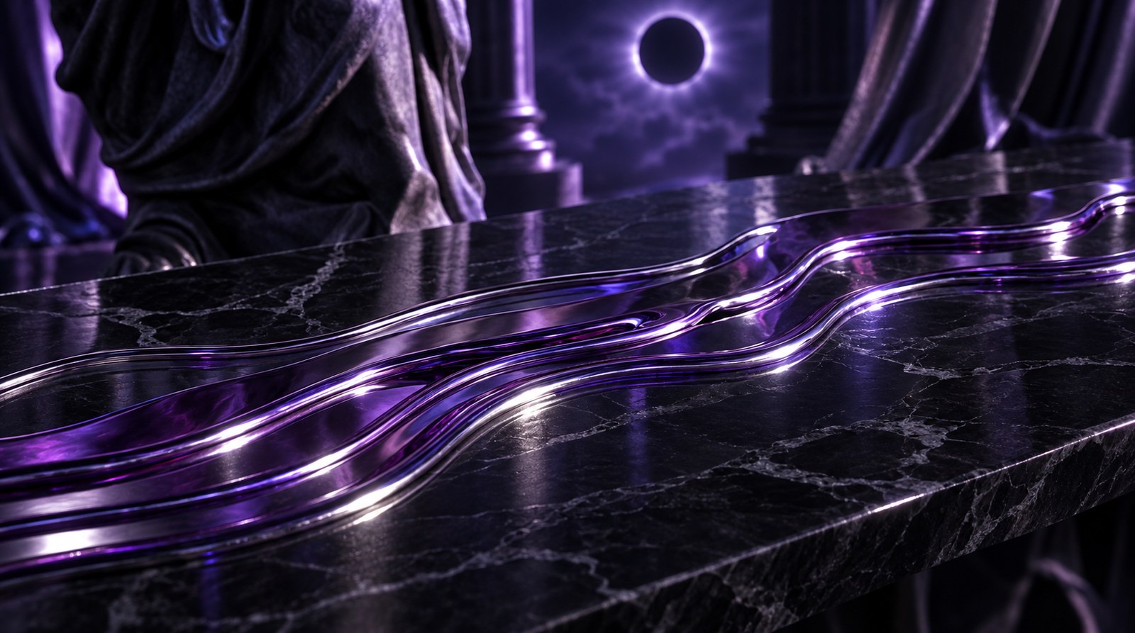 Liquid violet chrome flowing over black marble