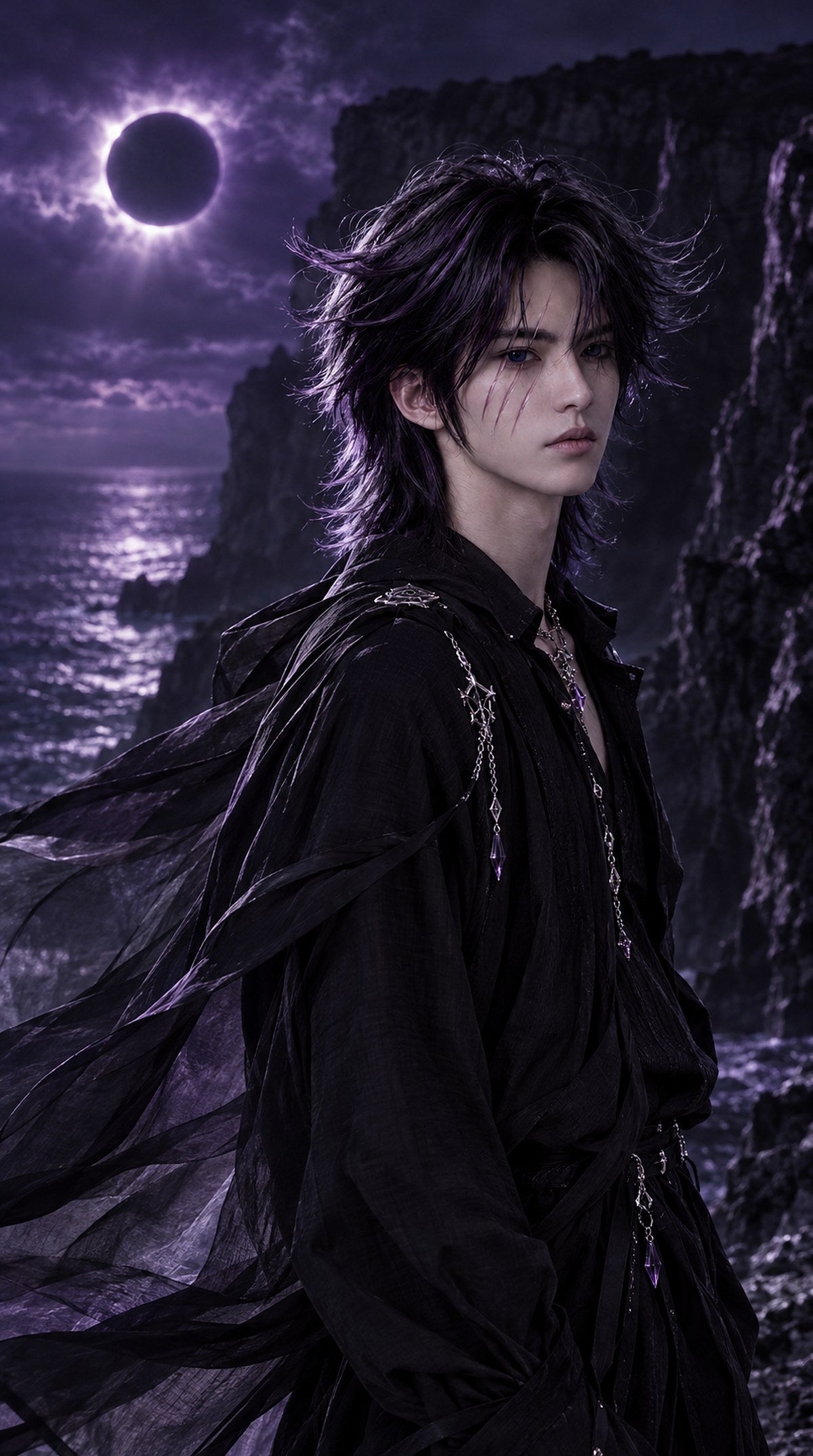 Model on a dark sea cliff, black fabric moving in the wind